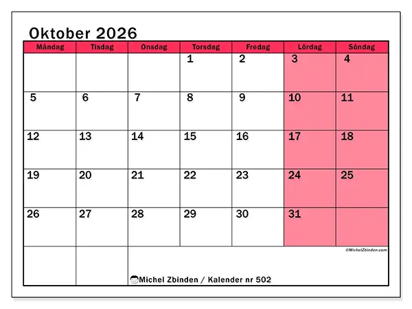 Oktober 2026 månadskalender att skriva ut - Ljus organisering