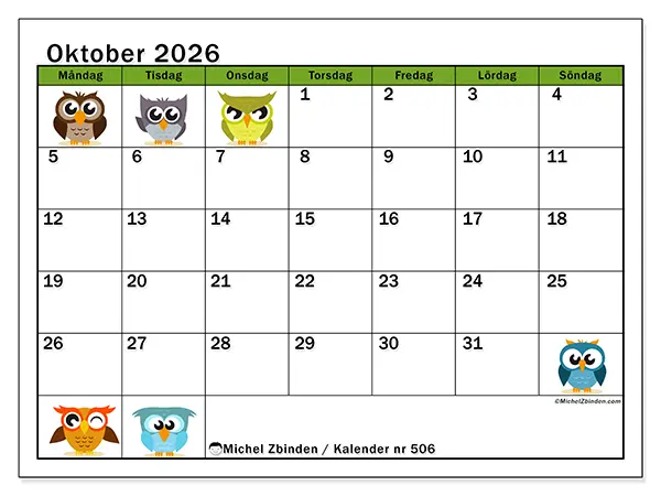 Oktober 2026 månadskalender att skriva ut - Ugglor