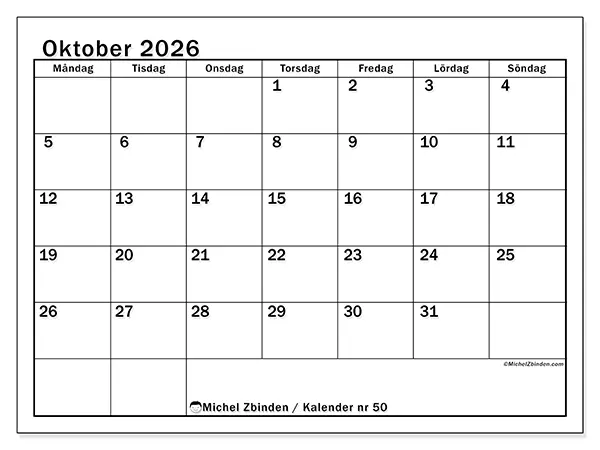 Oktober 2026 månadskalender att skriva ut - Tydlig månadsplanering