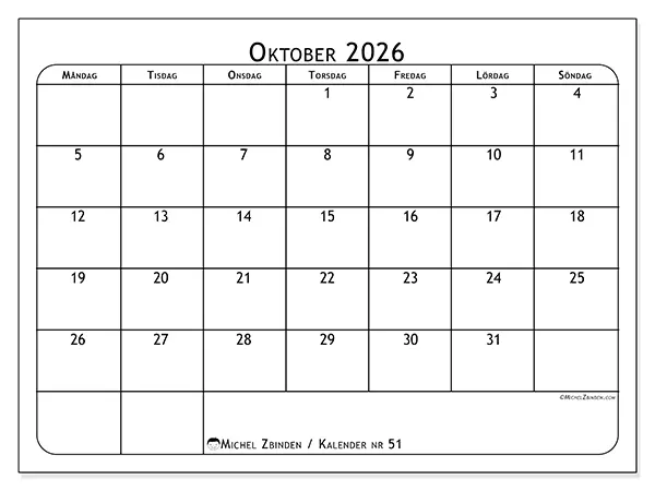 Oktober 2026 månadskalender att skriva ut - Måltidsplanerare