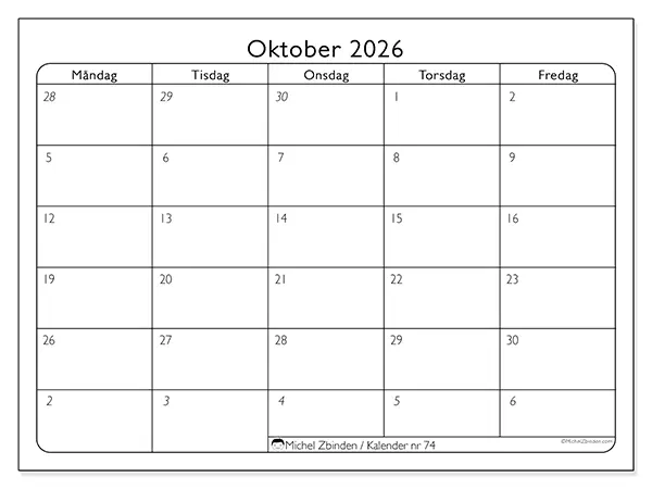 Oktober 2026 månadskalender att skriva ut - Arbetsorganisering