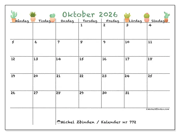 Oktober 2026 månadskalender att skriva ut - Dekorativa kaktusar