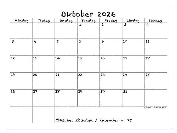 Oktober 2026 månadskalender att skriva ut - Skola och familj