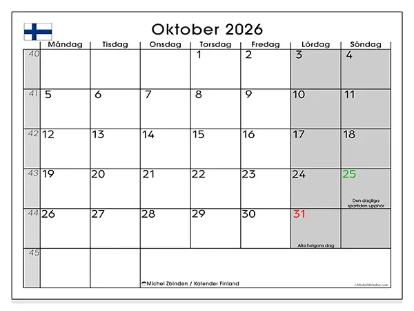 Oktober 2026 månadskalender att skriva ut - Finland