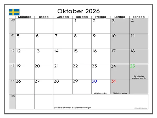 Oktober 2026 månadskalender att skriva ut - Sverige