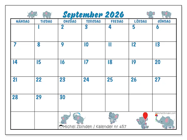 September 2026 månadskalender att skriva ut - Små elefanter