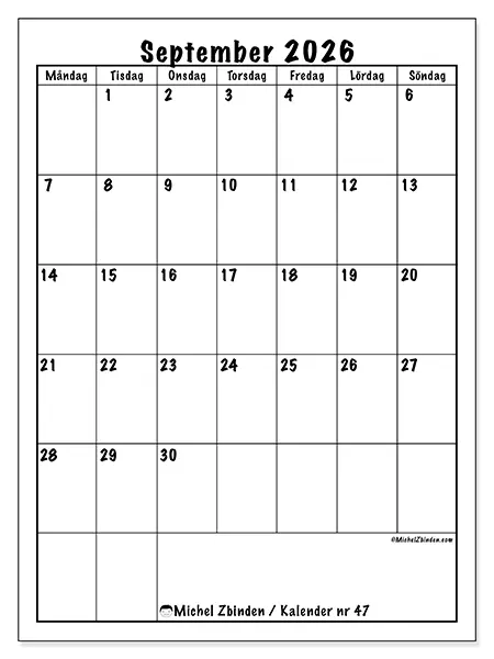 September 2026 månadskalender att skriva ut - Tydlig planering