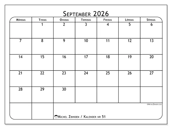 September 2026 månadskalender att skriva ut - Måltidsplanerare