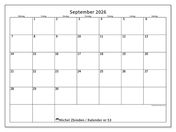 September 2026 månadskalender att skriva ut - Tydligt schema
