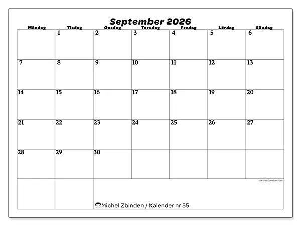 September 2026 månadskalender att skriva ut - Organisering av fritid
