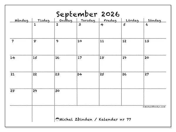 September 2026 månadskalender att skriva ut - Skola och familj