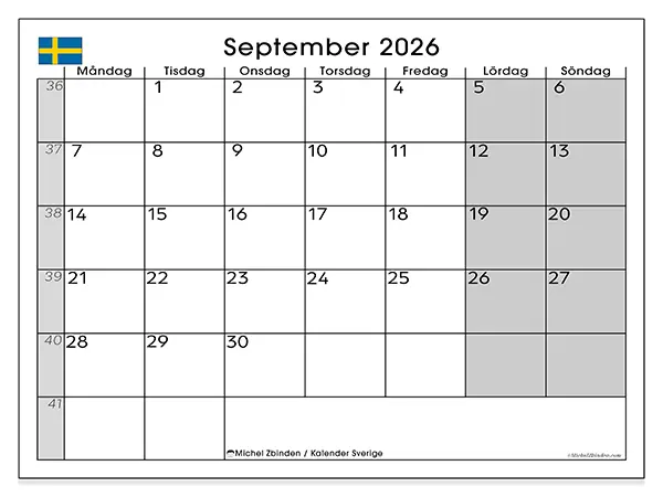 September 2026 månadskalender att skriva ut - Sverige