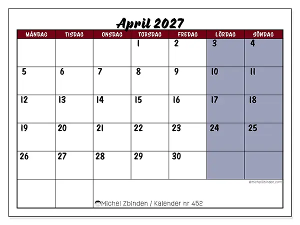 April 2027 månadskalender att skriva ut - Uppgifter i färg