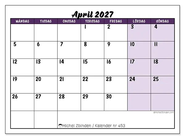 April 2027 månadskalender att skriva ut - Färgglada uppgifter