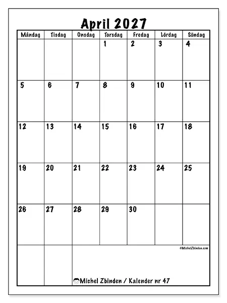 April 2027 månadskalender att skriva ut - Tydlig planering