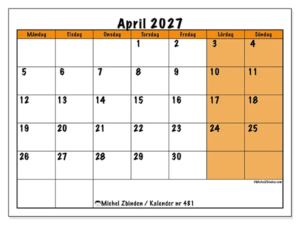 April 2027 månadskalender att skriva ut - Dynamisk planering