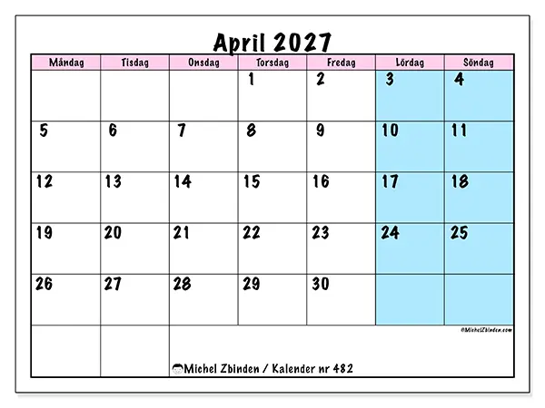 April 2027 månadskalender att skriva ut - Teamschema