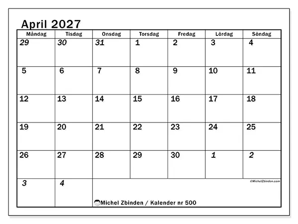 April 2027 månadskalender att skriva ut - Intensiv planering