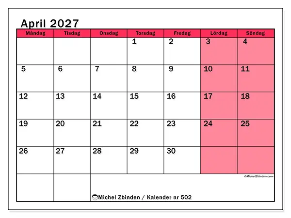 April 2027 månadskalender att skriva ut - Ljus organisering