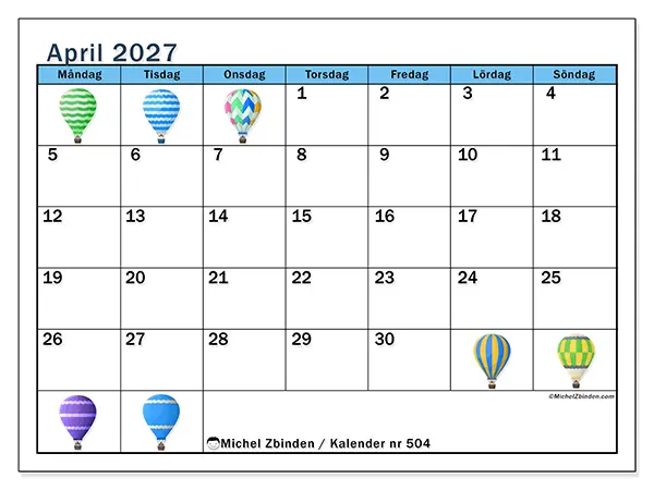 April 2027 månadskalender att skriva ut - Luftballonger