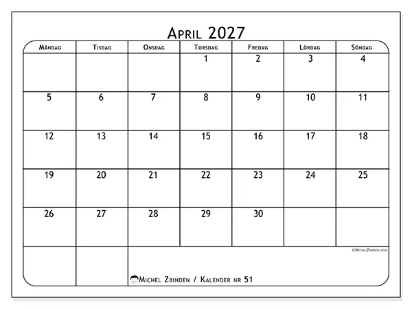 April 2027 månadskalender att skriva ut - Måltidsplanerare
