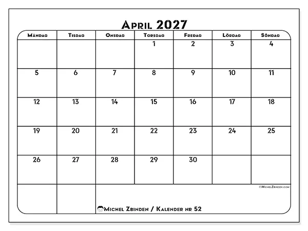 April 2027 månadskalender att skriva ut - Professionell organisering