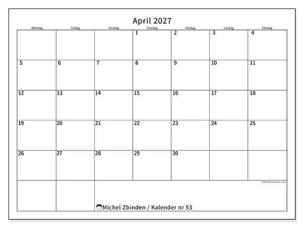 April 2027 månadskalender att skriva ut - Tydligt schema