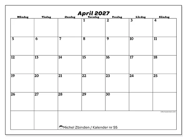 April 2027 månadskalender att skriva ut - Organisering av fritid