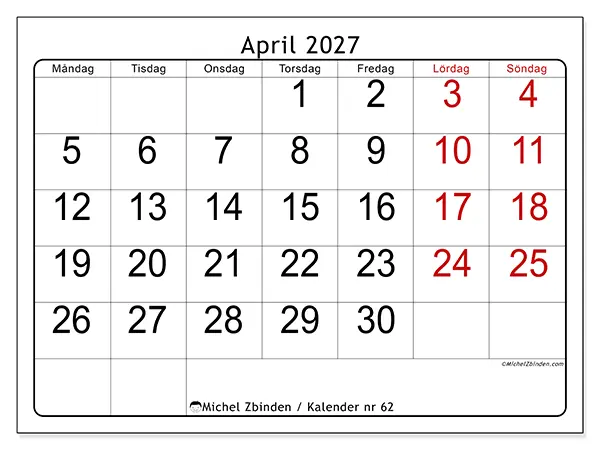 April 2027 månadskalender att skriva ut - Snabb översikt