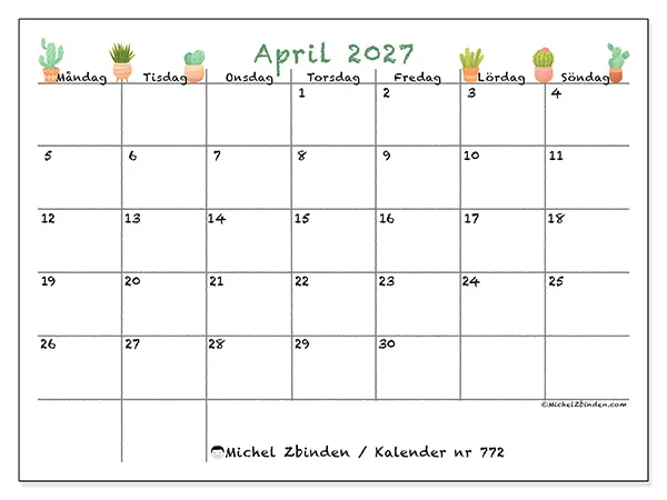 April 2027 månadskalender att skriva ut - Dekorativa kaktusar