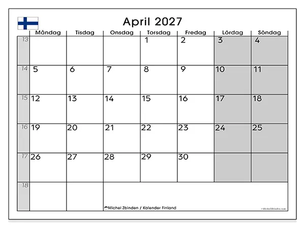 April 2027 månadskalender att skriva ut - Finland