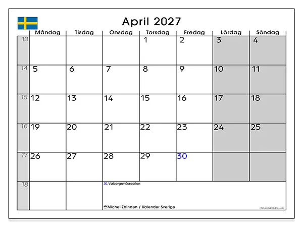 April 2027 månadskalender att skriva ut - Sverige
