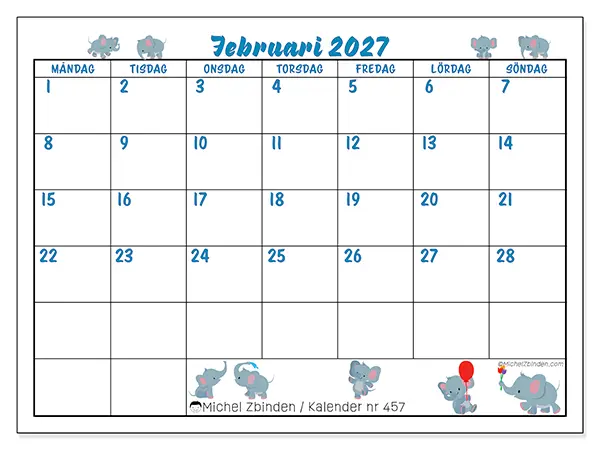 Februari 2027 månadskalender att skriva ut - Små elefanter