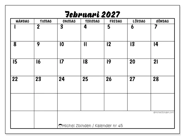 Februari 2027 månadskalender att skriva ut - Skolframgång