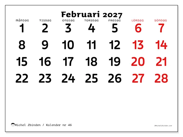 Februari 2027 månadskalender att skriva ut - Klar översikt