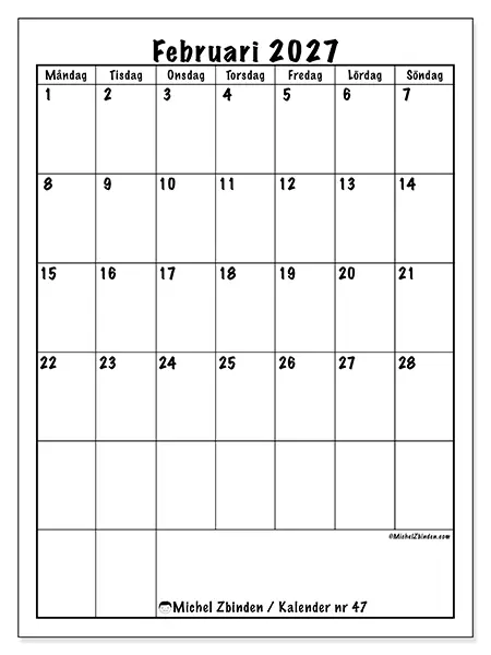 Februari 2027 månadskalender att skriva ut - Tydlig planering