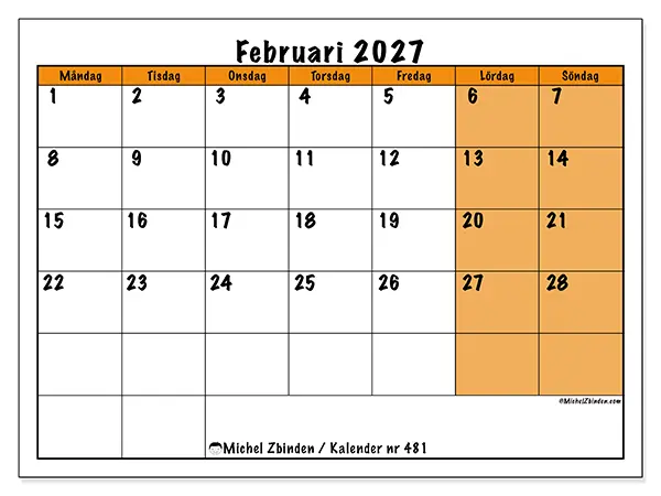 Februari 2027 månadskalender att skriva ut - Dynamisk planering