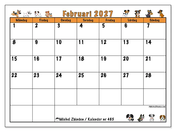 Februari 2027 månadskalender att skriva ut - Hundar