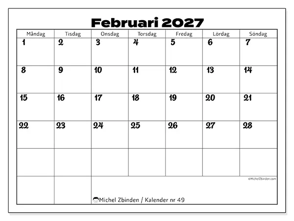 Februari 2027 månadskalender att skriva ut - Samordning för arbete