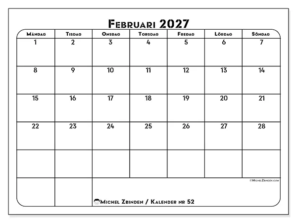 Februari 2027 månadskalender att skriva ut - Professionell organisering