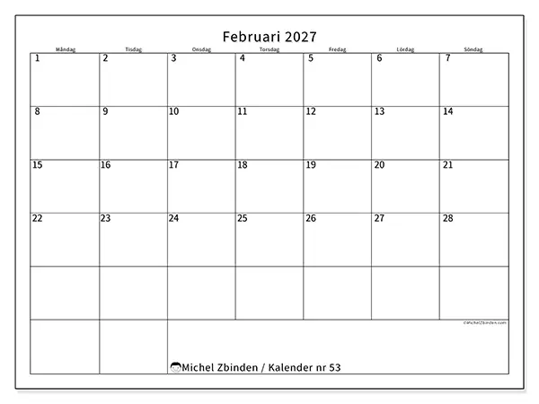 Februari 2027 månadskalender att skriva ut - Tydligt schema