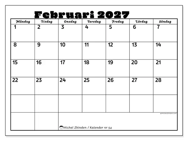 Februari 2027 månadskalender att skriva ut - Familjeaktiviteter