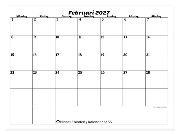 Februari 2027 månadskalender att skriva ut - Organisering av fritid