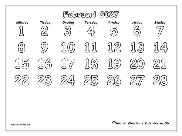 Februari 2027 månadskalender att skriva ut - Nyttig färgläggning