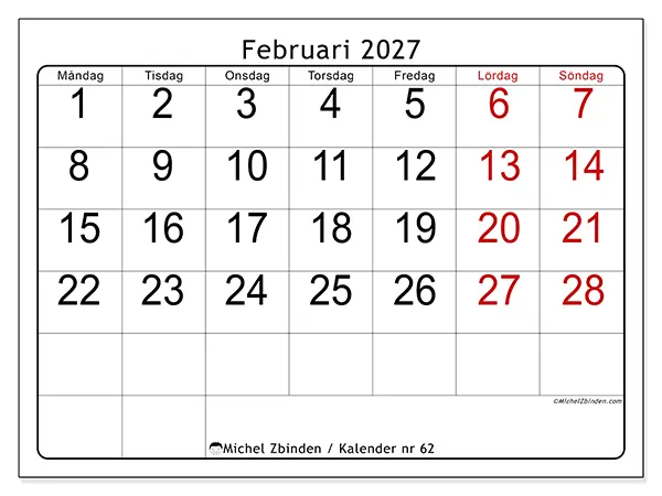 Februari 2027 månadskalender att skriva ut - Snabb översikt