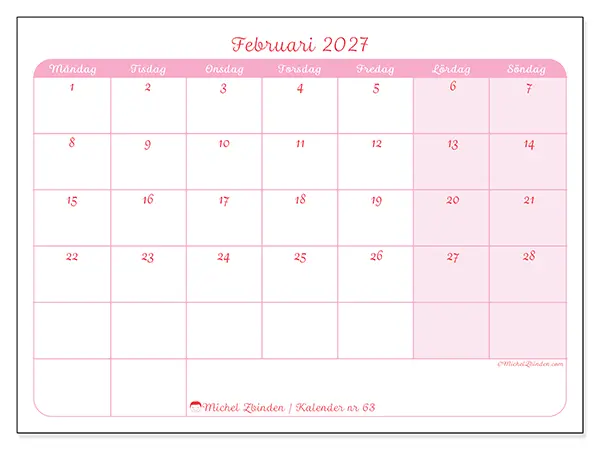 Februari 2027 månadskalender att skriva ut - Mjuk organisering
