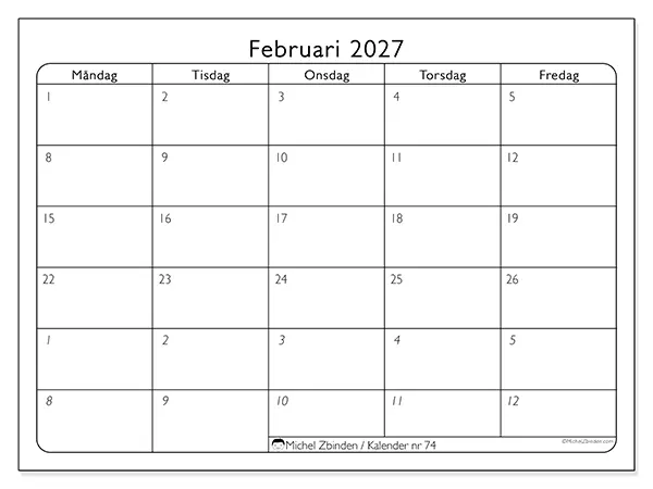 Februari 2027 månadskalender att skriva ut - Arbetsorganisering