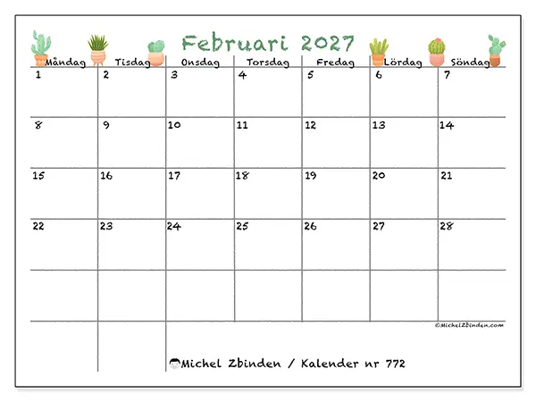 Februari 2027 månadskalender att skriva ut - Dekorativa kaktusar