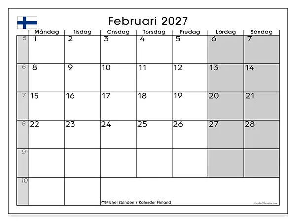 Februari 2027 månadskalender att skriva ut - Finland