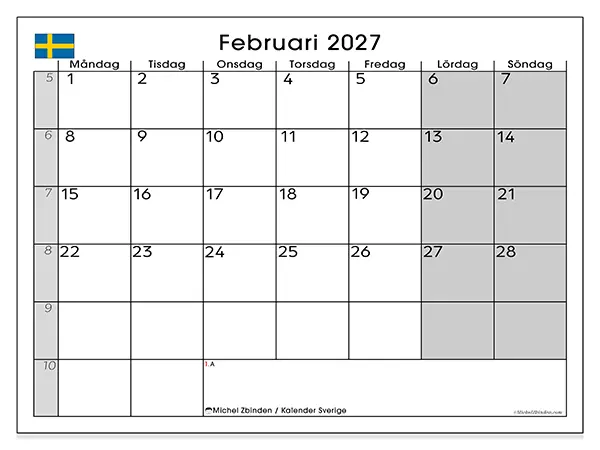 Februari 2027 månadskalender att skriva ut - Sverige